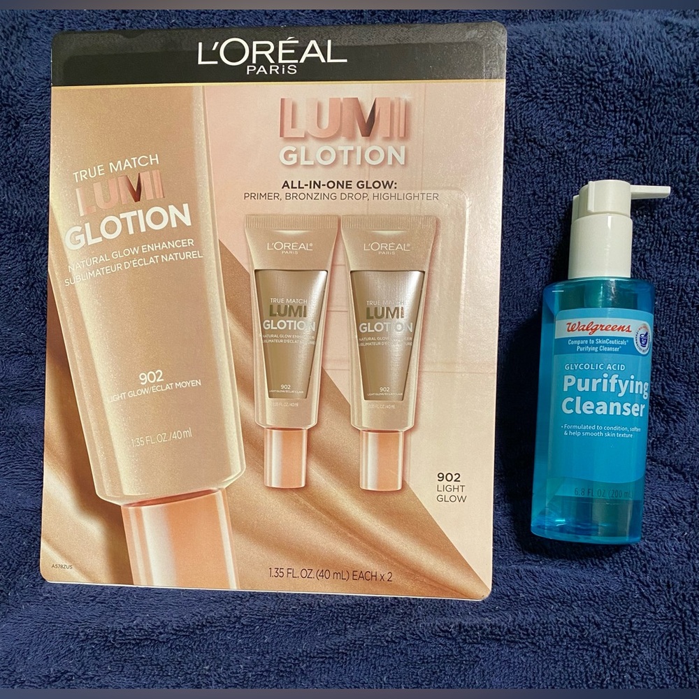 L’Oreal Lumi Glotion Glow 2pk 1.35oz + Walgreens Glycolic Cleanser Lot 6.8oz